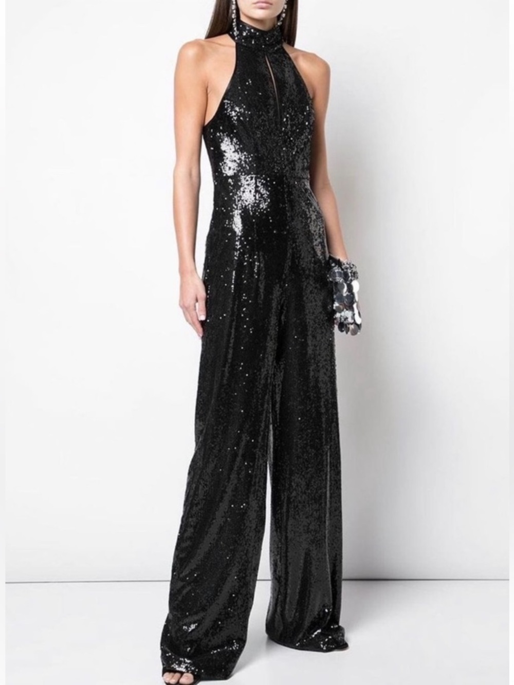 cinq a sept Black Sequin Halter Jumpsuit
